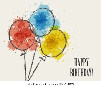 Card with colored watercolor paint balloons. Vector isolated illustration