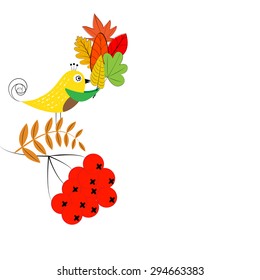 Card with colorful autumn leafs and bird