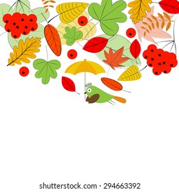 Card with colorful autumn leafs and bird