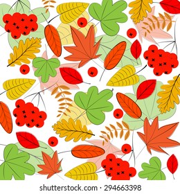 Card with colorful autumn leafs and rowanberrys