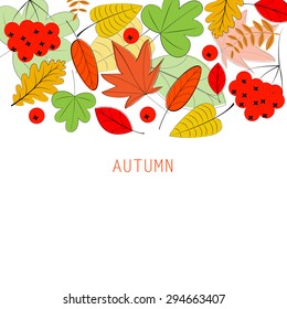 Card with colorful autumn leafs and rowanberrys
