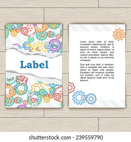 Card with colorful background vector contour gears on a torn paper