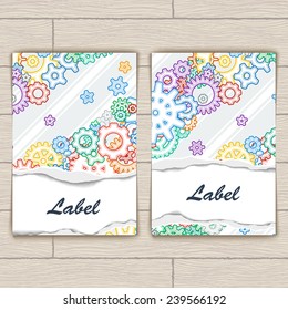 Card with colorful background vector contour gears on a torn paper