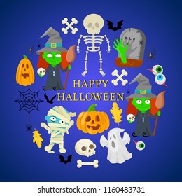 Card with colorful cartoon object for Halloween on violet background.