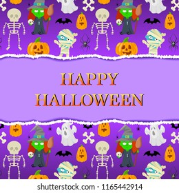Card with colorful cartoon object for Halloween on violet background.