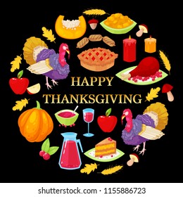 Card with colorful cartoon object for thanksgiving day on black background.