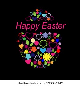 card with colorful easter egg from flowers, leaves and hearts isolated on black background vector