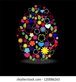 card with colorful easter egg from flowers, leaves and hearts isolated on black background vector