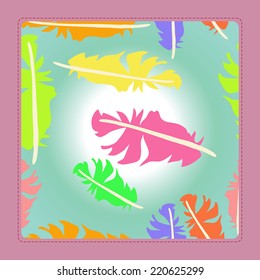 Card with colorful feathers on light gradient rounded rectangle. 