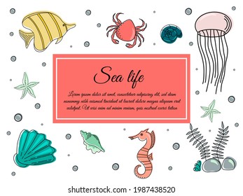 Card with Colorful Fishes. Vector Illustration. Greeting Card Design for Sea Life Illustrations. Posters, Cards, Banners, Fashion