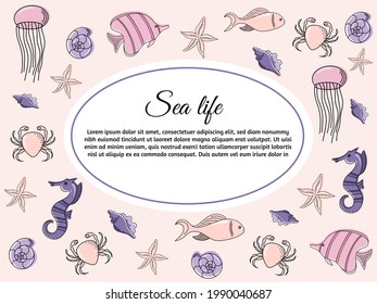 Card with Colorful Fishes. Vector Illustration. Greeting Card Design for Sea Life Illustrations. Posters, Cards, Banners, Fashion