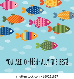 Card with Colorful Fishes. Vector Illustration. Cartoon Style. Greeting Card Design for Sea Life Illustrations. Posters, Cards, Banners, Fashion