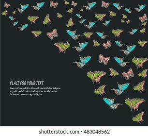 Card with colorful multicolor butterflies isolated on black with space for text. Vector illustration for birthday, party, wedding invitation, spring or autumn design, presentation, brochure cover page