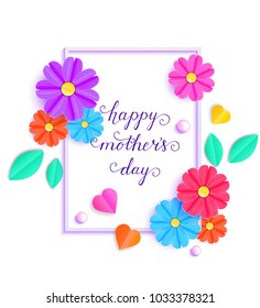Card with colorful paper flowers and leaves on white background