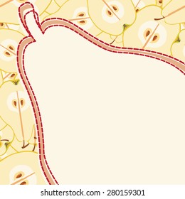 Card with colorful pears, sliced in half with seed. Ideal for posters, advertisements, announcements, labels, banner, menu for cafe and restaurants. Vector illustration