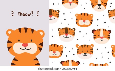 Card and colorful seamless vector pattern with muzzles of animals