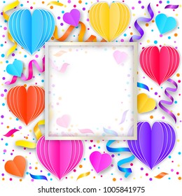 Card with colorful streamers,confetti and paper hearts on white background