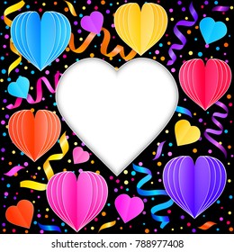 Card with colorful streamers,confetti and paper hearts on black background