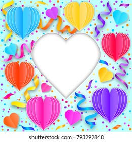 Card with colorful streamers,confetti and paper hearts on blue background