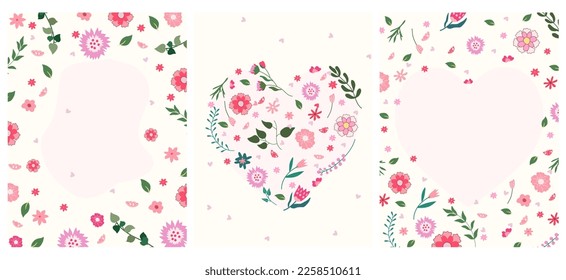 A card combo with bright field flowers and space for your text. Floral cards for celebrating birthdays, weddings, Mother's Day, spring, etc. Vector illustration. 