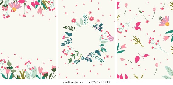 Card combo with wildflowers in a circle, a wreath in the middle and space for text. Floral cards for birthdays, weddings, mother's day, spring and more. Vector illustration.