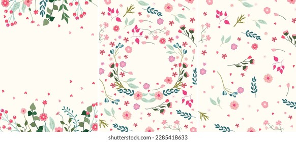 Card combo with wildflowers in a circle, a wreath in the middle and space for text. Floral cards for birthdays, weddings, mother's day, spring and more. Vector illustration.