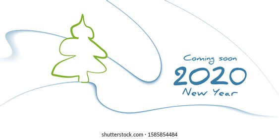 Card with Coming Soon 2020 New Year and Christmas tree. Minimal vector graphics