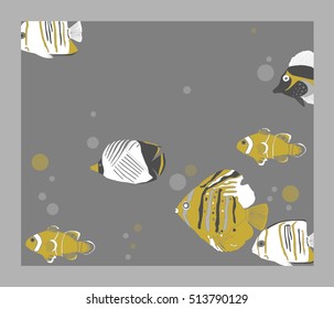 Card composed by a group of tropical fishes and bubbles