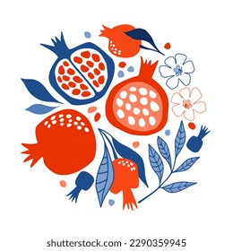 Card with a composition of pomegranates. Digital vector illustration.