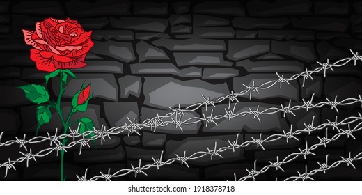Tarjeta, concepto, alambre de púas, rosa rojo floral sobre la textura de fondo oscuro Muro negro de piedra, ilustración vectorial