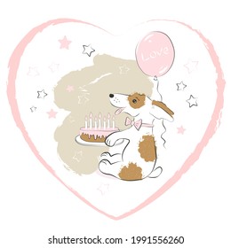 A card to congratulate on Valentin's Day in form a heart. Or birthday by 7 years. A white puppy with brown spots holding a cake. Pink balloon behind with the inscription "Love". Stars all around. 