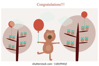 Card with congratulating Bear and owls with balloons