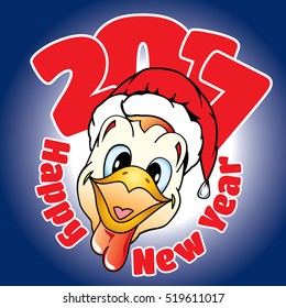 card with congratulation on a New Year in cartoon style in the form of a rooster head in hat Santa