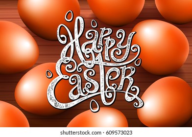 card for congratulations Hand written phrase. Greeting card text templates with orange eggs beautiful background for the invitation. Happy easter lettering modern calligraphy style. vector art