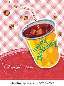 Card for Congratulations with Ice cube dropped in cola and kola splashing. Vector framework for invitations with Place for your text.