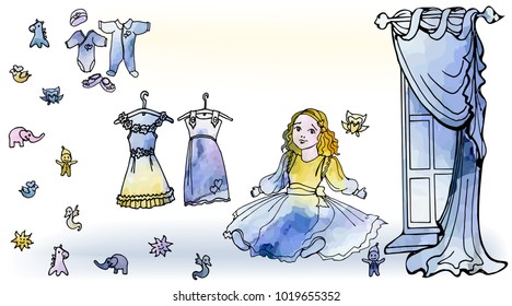 card for congratulations with the interior of a children's room for a girl with a window, doll, clothes and dresses and toys in vector in vintage watercolor style