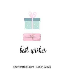
card for congratulations on the holidays with the text best wishes. card with gifts for birthday, new year, christmas, any holidays.