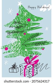 The card contains images of a decorated Christmas tree, boxes of gifts and the inscription "Happy Holidays!"