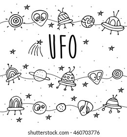 card. Cosmic objects set. Hand drawn vector doodles.  ufo stars satellite, etc. Space collection. 