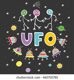card. Cosmic objects set. Hand drawn vector doodles.  ufo stars satellite, etc. Space collection. 