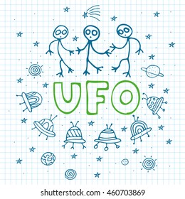 card. Cosmic objects set. Hand drawn vector doodles.  ufo stars satellite, etc. Space collection. 
