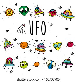 card. Cosmic objects set. Hand drawn vector doodles.  ufo stars satellite, etc. Space collection. 