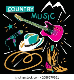 tarjeta con concepto de música country, guitarra, sombrero y arranque cowbow, diseño vectorial para papel, tela y otras superficies