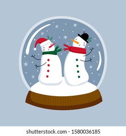 Card with couple of dancing snowmen: Happy New Year. Vector illustration in red and blue for Christmas posters, cards, gift tags.  