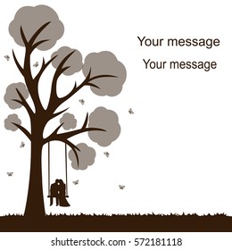 Card with a couple on a white background with a tree, butterflies and swing. Bride and groom. Also suitable for invitation card. Vector illustration. 