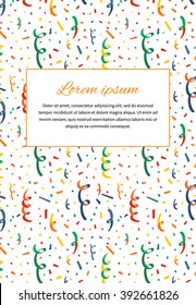 Card cover with exploding party popper and text template, a4 size vertical illustration