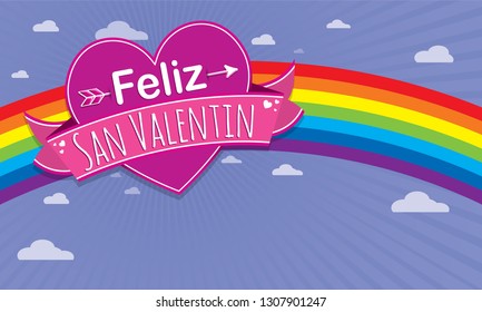 Card cover with message: Feliz Dia de San Valentin -Happy Valentines Day in Spanish language- on a purple heart surrounded with pink ribbon on a blue background with rainbow - Vector image