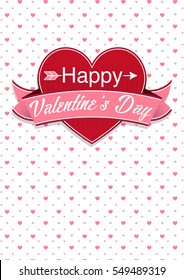 Card cover with message: Happy Valentines Day on a red heart surrounded with pink ribbon on a white background with little hearts - Vector image