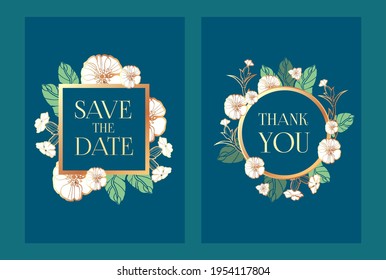 Card and cover set with hand drawn flowers. Wedding, anniversary, birthday invitation. Thank you and save the date banner.