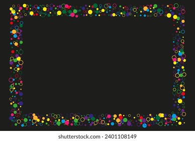 Plantilla de cubierta de tarjeta con puntos de color. Ilustración vectorial. Marco. Resumen del fondo geométrico de los círculos coloridos, círculos arcoiris sobre el fondo negro